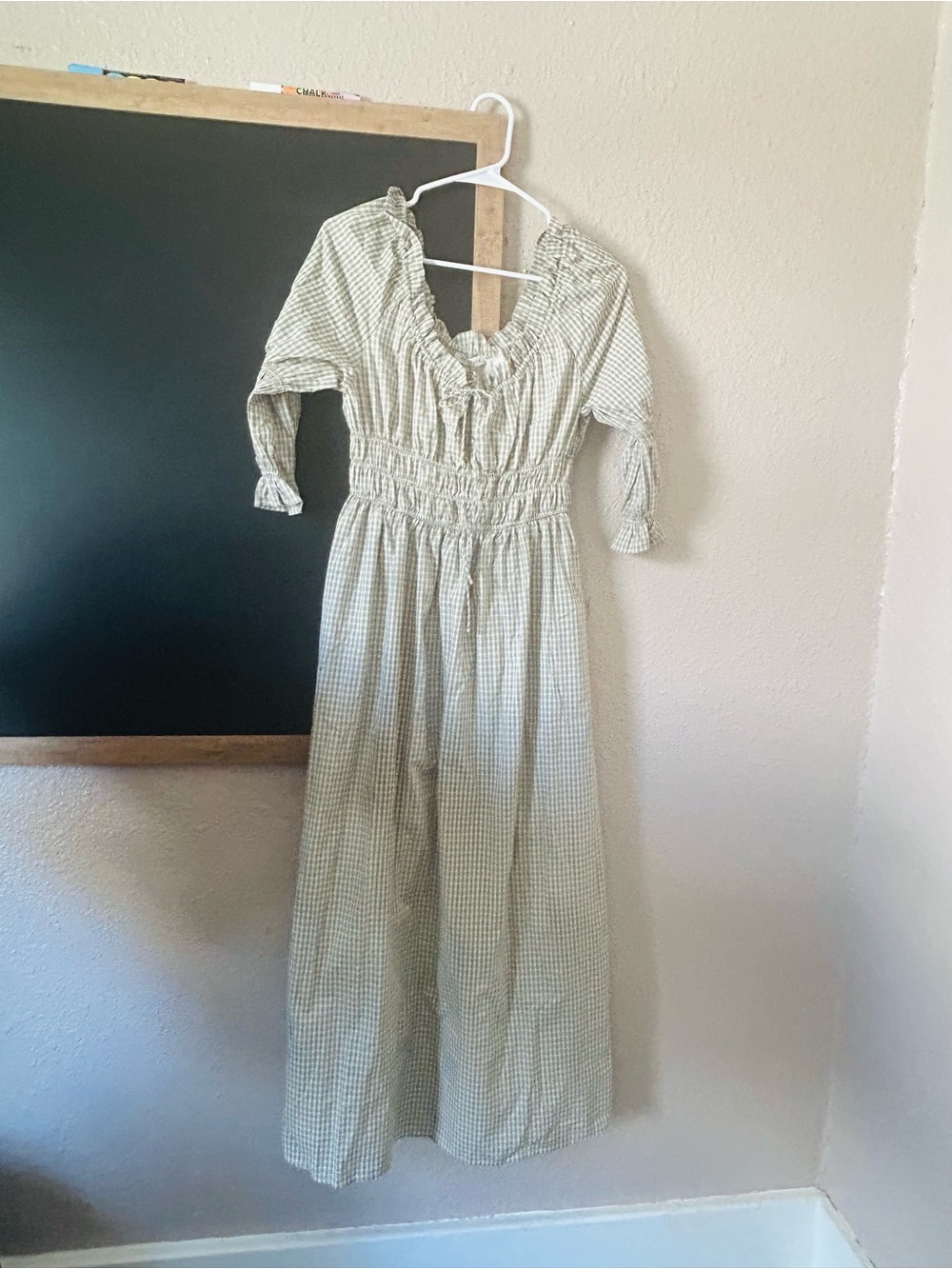 Smocked Waist Green Gingham Maxi Dress